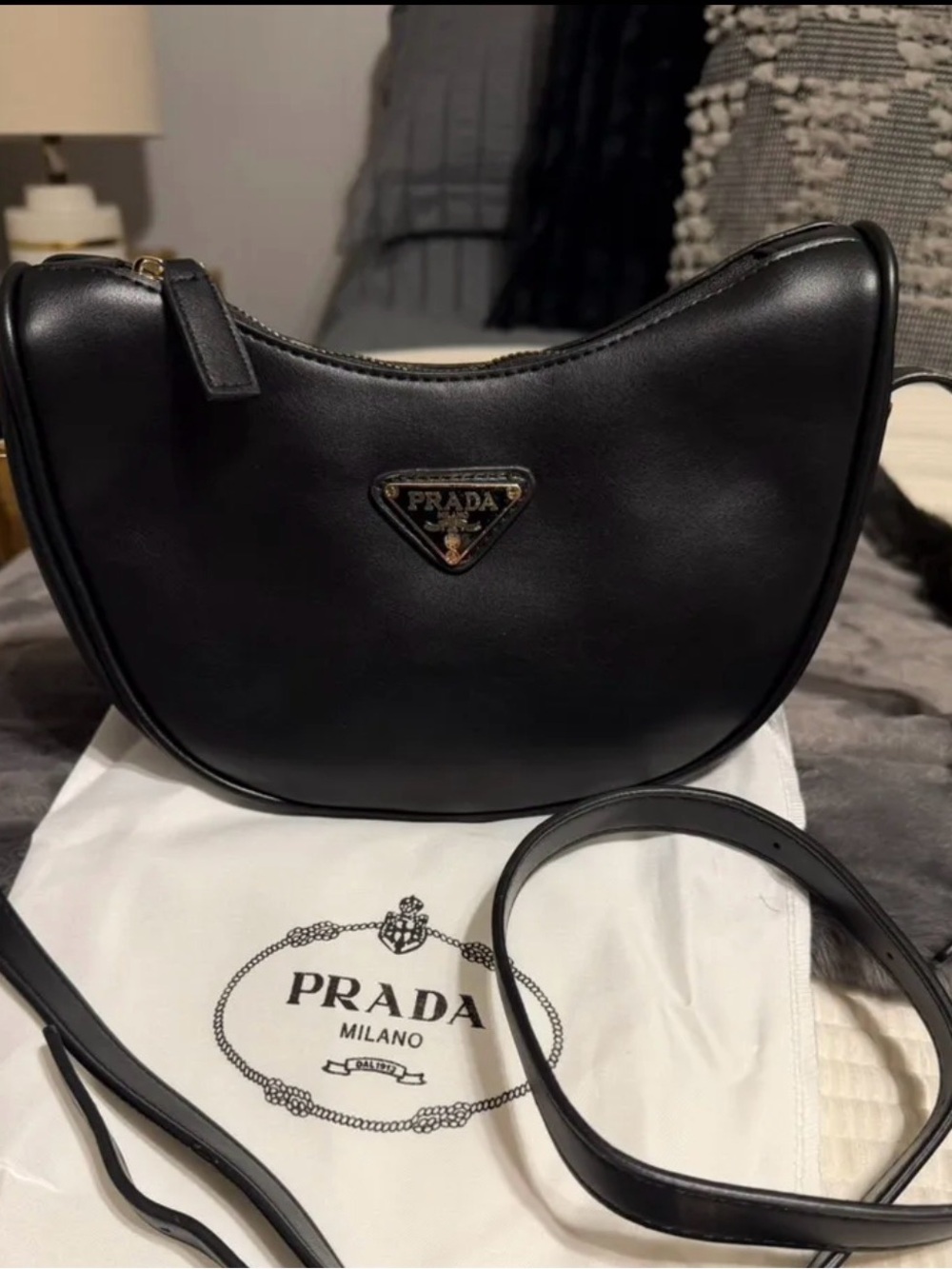 Prada style Black Leather Crescent Shoulder Bag